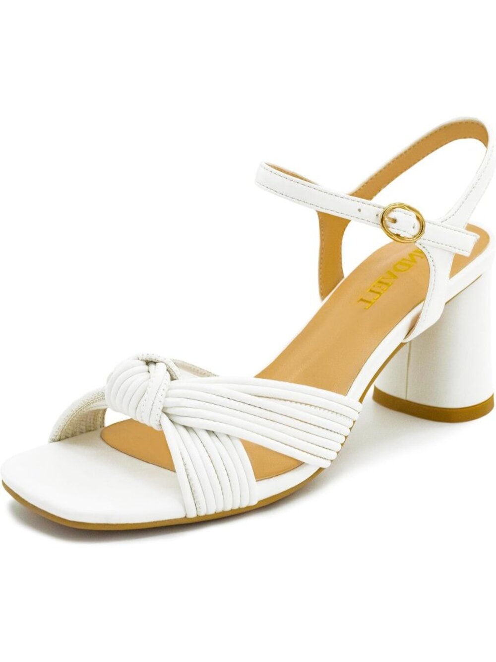 Women's White Square Open Toe Ankle Strap Strappy Braided Knot Chunky Block Heel